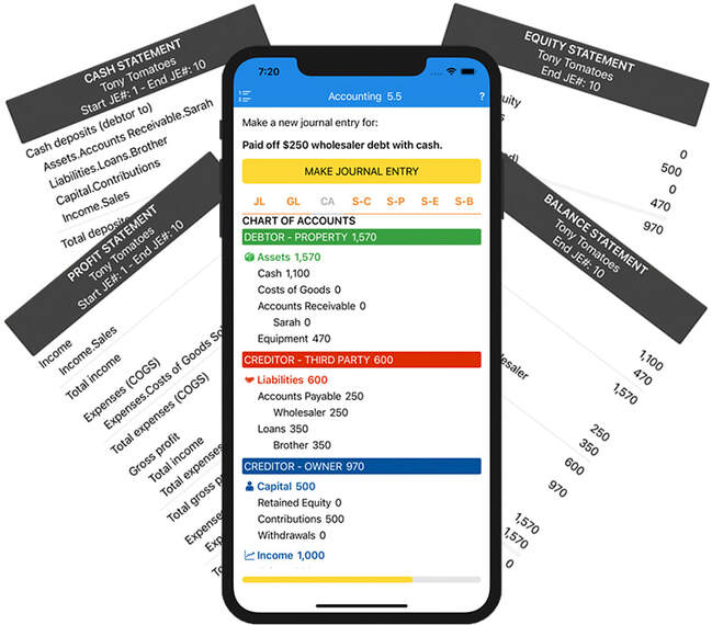 Image of phone showing app Cash, Profit, Equity and Balance statements